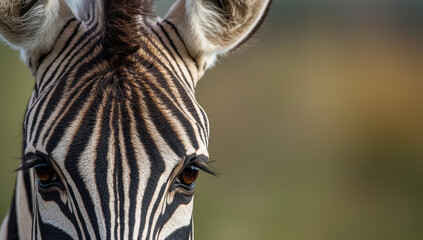 Fototapeta premium Zebra close up portrait showing striped face and expressive eyes in soft natural light