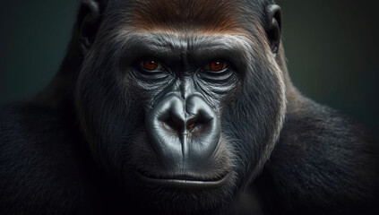 Obraz premium Majestic gorilla close up with intense gaze and detailed fur texture, dramatic mood