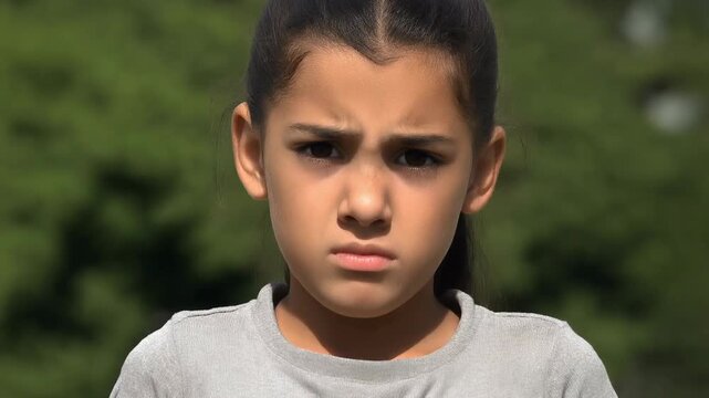 A young person with dark hair in a simple grey shirt looks directly at the camera with a slight frown against a blurred green background