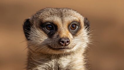 Fototapeta premium Closeup portrait of meerkat with detailed fur and alert expression in warm light