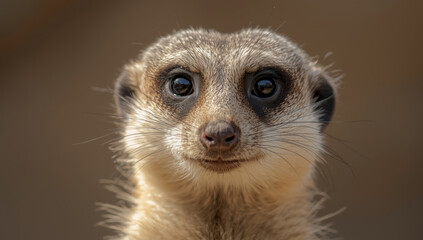 Fototapeta premium Curious meerkat closeup portrait with soft brown background, attentive expression, warm lighting