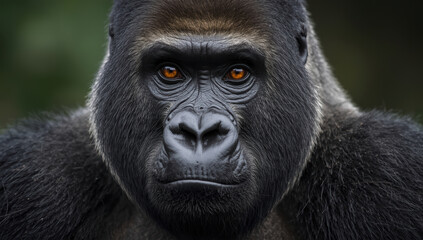Obraz premium Closeup gorilla portrait with intense amber eyes and textured fur