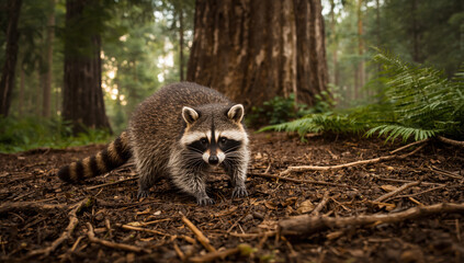 Obraz premium Curious raccoon in forest undergrowth with fern and redwood trunk