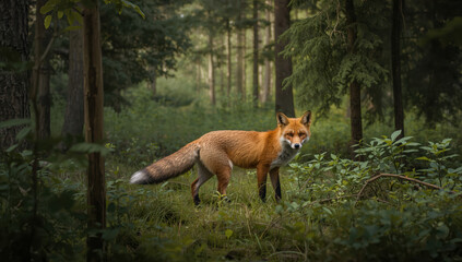 Fototapeta premium Curious red fox in misty green forest clearing, soft light and calm mood