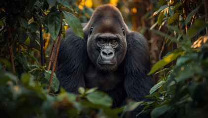 Fototapeta premium Mountain gorilla portrait in lush tropical forest with warm backlight