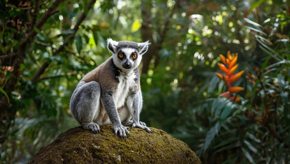 Fototapeta premium Ring tailed lemur on mossy rock in tropical forest with soft backlight