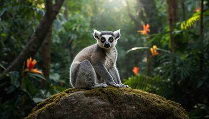 Fototapeta premium Ringtailed lemur perched on mossy rock in tropical forest with soft sunlight
