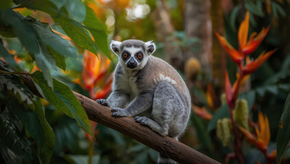 Fototapeta premium Ring tailed lemur perched on branch in tropical forest with vivid flowers and foliage