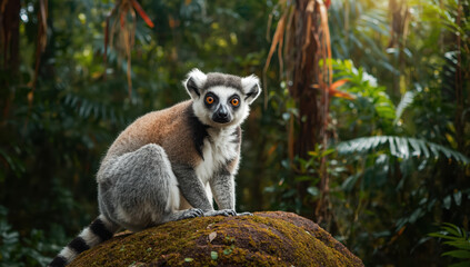Fototapeta premium Ring tailed lemur perched on mossy rock in tropical forest with warm light