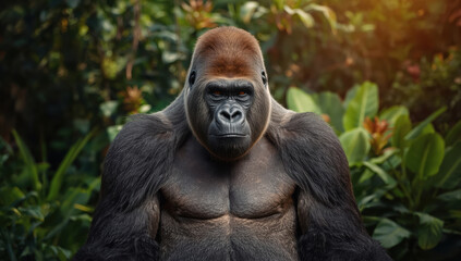 Obraz premium Majestic adult gorilla portrait in lush jungle sunlight