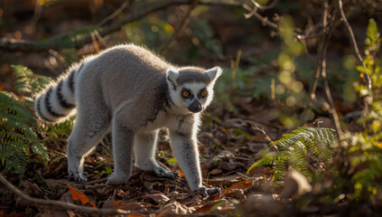Fototapeta premium Ring tailed lemur walking on forest floor with backlight and warm mood