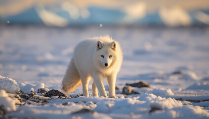 Fototapeta premium Arctic fox white fur winter landscape snowy shore golden light
