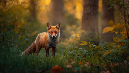 Fototapeta premium Red fox standing in autumn forest with warm golden light