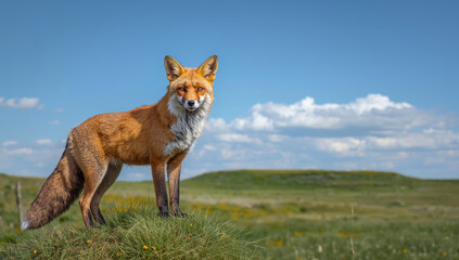 Fototapeta premium Red fox standing on grassy mound in open meadow under blue sky, alert and elegant
