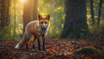 Fototapeta premium Red fox standing on autumn forest floor with warm backlight, alert and majestic
