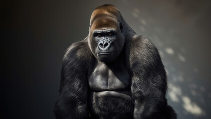 Obraz premium Majestic gorilla portrait powerful silverback sitting in soft light emotive