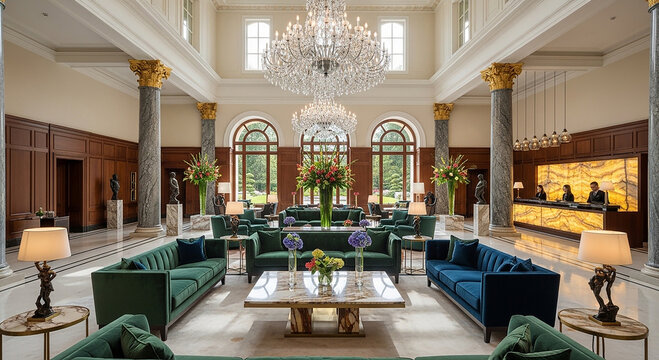 Luxurious hotel lobby interior with green and blue sofas, elegant chandelier, marble floor, high ceiling, and large windows
