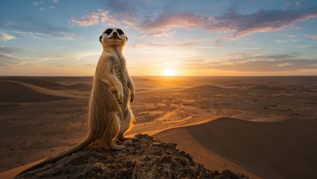 Meerkat sunset desert lookout standing alert warm light