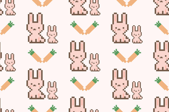 Cute Pixel Bunny and Carrot Seamless Pattern &ndash; Kawaii 8 Bit Rabbit Background for Kids Nursery Easter Textile Vector.