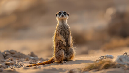 Fototapeta premium Alert meerkat standing on sandy desert at golden hour, watchful and curious
