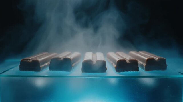 Five chocolate bars with a steaming effect, illuminated by blue light, hinting at a warm and enticing dessert experience