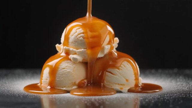 Delicious vanilla ice cream scoops generously drizzled with rich caramel sauce on a dark background with sugar dusting