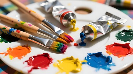 Obraz premium Artistic paint palette with colorful oil paints and brushes, professional art supplies for creative painting, vibrant acrylic paint tubes and tools