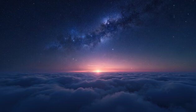 Starry night sky above sea of clouds at twilight sunrise. Milky Way galaxy illuminates soft pink glow on horizon. Vast cosmic expanse, beautiful deep universe, serene atmosphere.