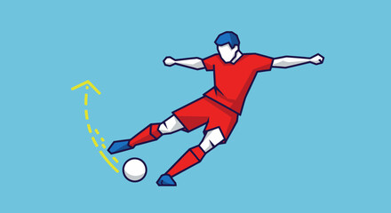 Obraz premium A soccer player in a red uniform kicking a white ball with a yellow arrow showing its curved trajectory on a blue background.