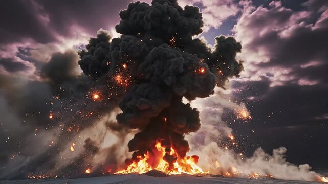 Massive Explosion with Dark Smoke and Fiery Debris Under a Dramatic Sky.