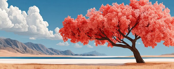Naklejka premium Pink cherry blossom tree on windswept grassland by a serene blue lake under dramatic clouds