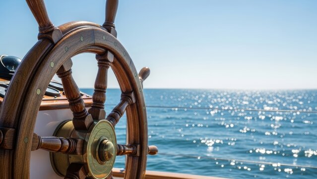 Wooden Ship Steering Wheel At Sea