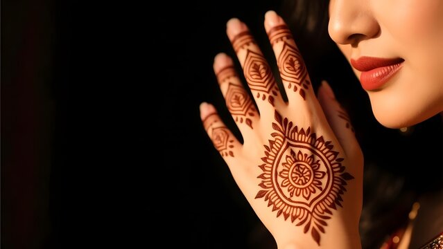 Traditional henna tattoo on woman hand, intricate brown mehendi design on skin, elegant bridal body art for indian wedding celebration