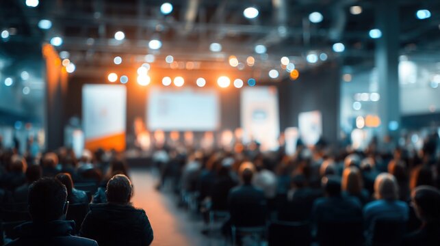 Audience attending a conference or presentation in a large auditorium with stage lights