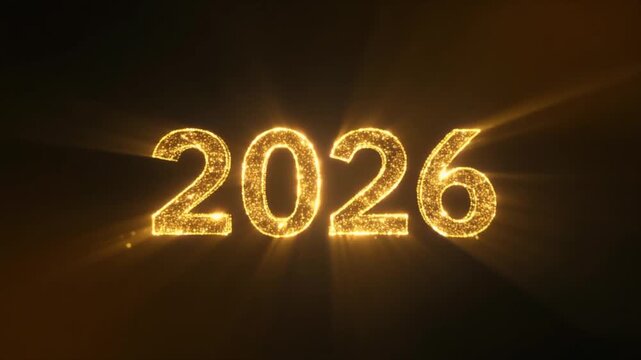 2026 Happy New Year Golden Particle Numbers with Glowing Rays