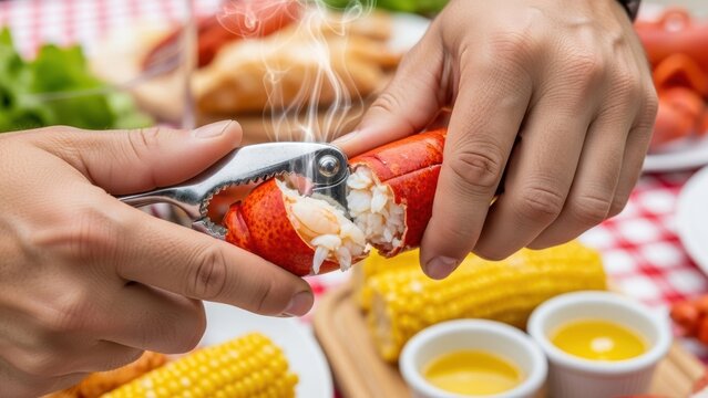 Hands Cracking Steaming Lobster Claw With Metal Tool At Picnic