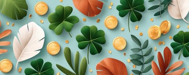 Naklejka premium St. Patrick's Day background with shamrocks, gold coins and tropical leaves on turquoise