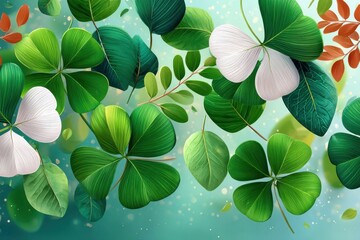 Naklejka premium St. Patrick's Day background with shamrocks and clover leaves on soft green bokeh