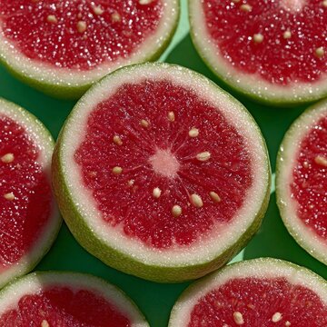 Fresh halved red guava slices arranged in circular pattern on green background