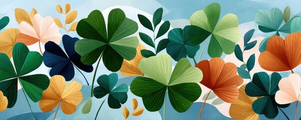 Naklejka premium Watercolor St. Patrick's Day shamrocks and clover leaves floating in a festive green pattern