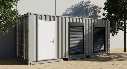 Fototapeta premium Gray shipping container with white door and roller shutters in outdoor setting