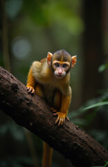 Obraz premium Small monkey sits on tree branch in jungle. Cute primate with orange fur looks at camera. Wild animal in natural habitat, forest background. Curious mammal.