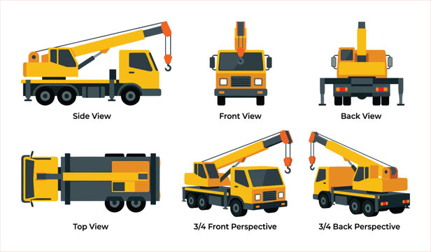 Yellow Mobile Crane in Multiple Views: Side, Front, Back, Top, and Perspectives