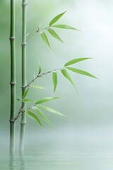 Naklejka premium Tranquil bamboo stalks with delicate green leaves in serene water environment