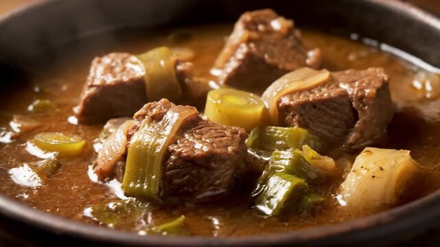 German leek and beef stew close-up rotating shot in warm golden lighting gourmet food video