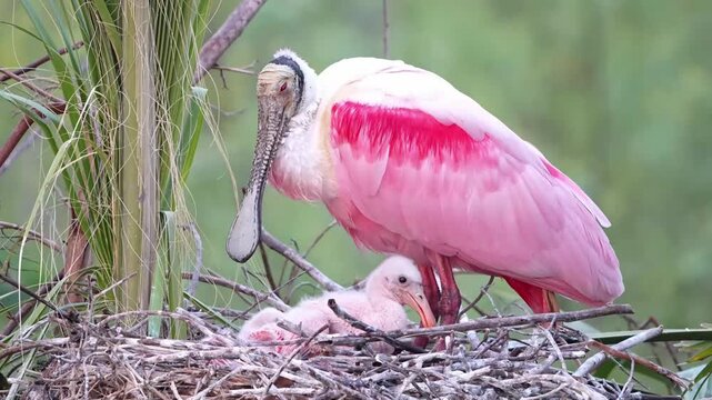 Baby roseate spoonbill chicks in the nest