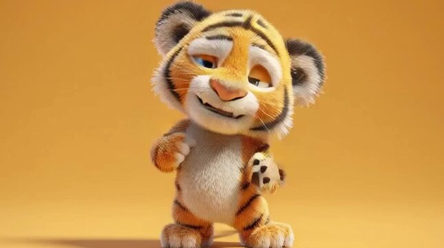 A charming, fluffy tiger cub dances playfully against a warm yellow background, showing off adorable expressions and rhythmic paw movements in this high-quality 3D animation.