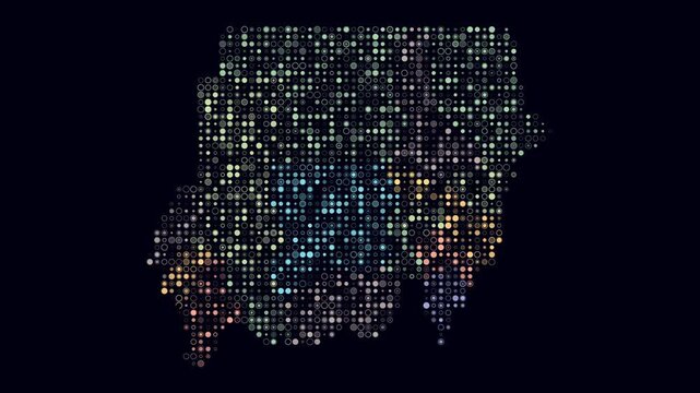 Sudan animated country shape. Pulsating colored dots on the map of the country. Small size circle blocks. Digital style Sudan map on dark background. Artistic animation video.