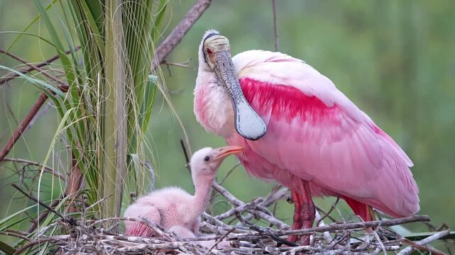Two cute baby roseate spoonbill chicks in the nest begging for food