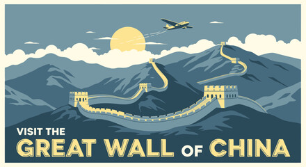 Naklejka premium Great Wall of China Vintage Travel Poster with Airplane and Mountains